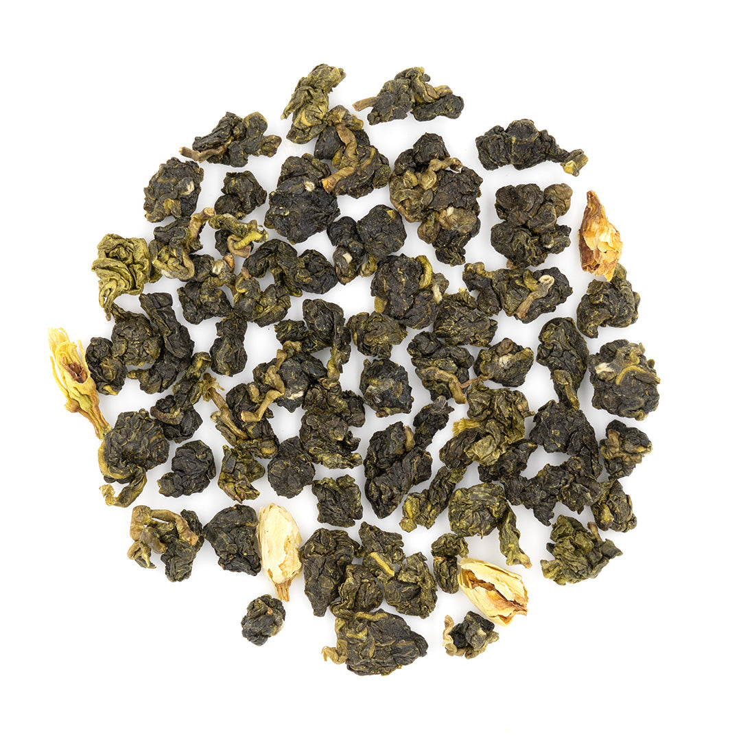 Top down view of the dry leaves of Jasmine Flower Green Tea.