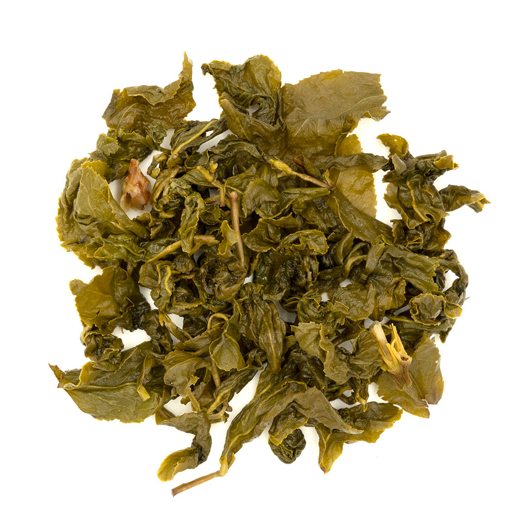 Brewed, unfurled leaves of Jasmine Flower Green Tea.