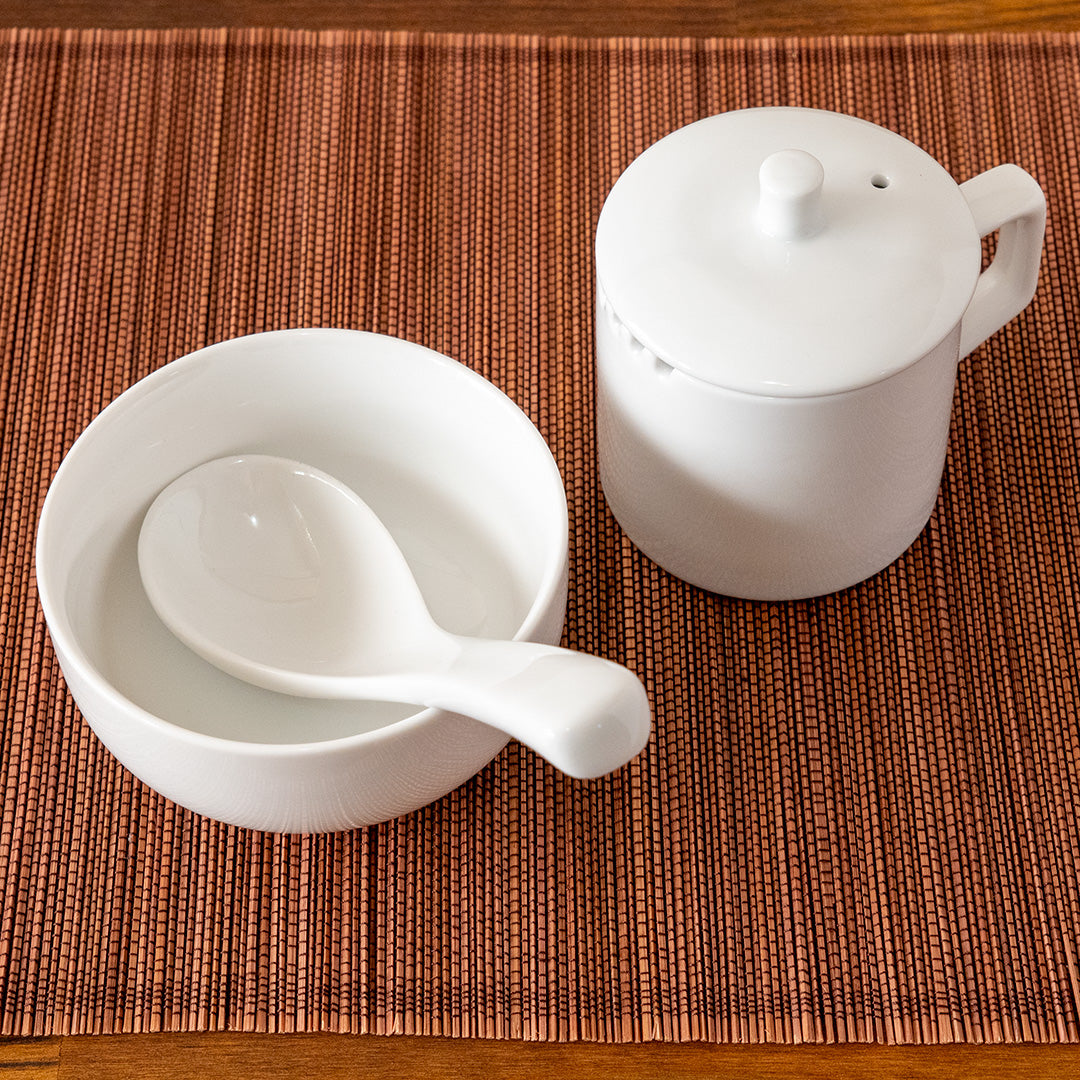 Eco-Cha Teas white ceramic Professional Tea Judging Set. Includes tea brewing vessel, sipping cup and tasting spoon.