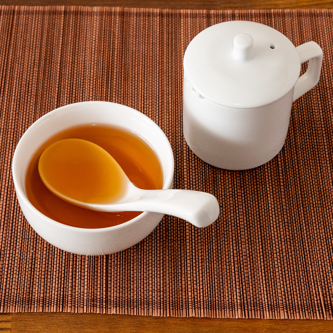Eco-Cha Teas white ceramic Professional Tea Judging Set. Includes tea brewing vessel, sipping cup and tasting spoon.