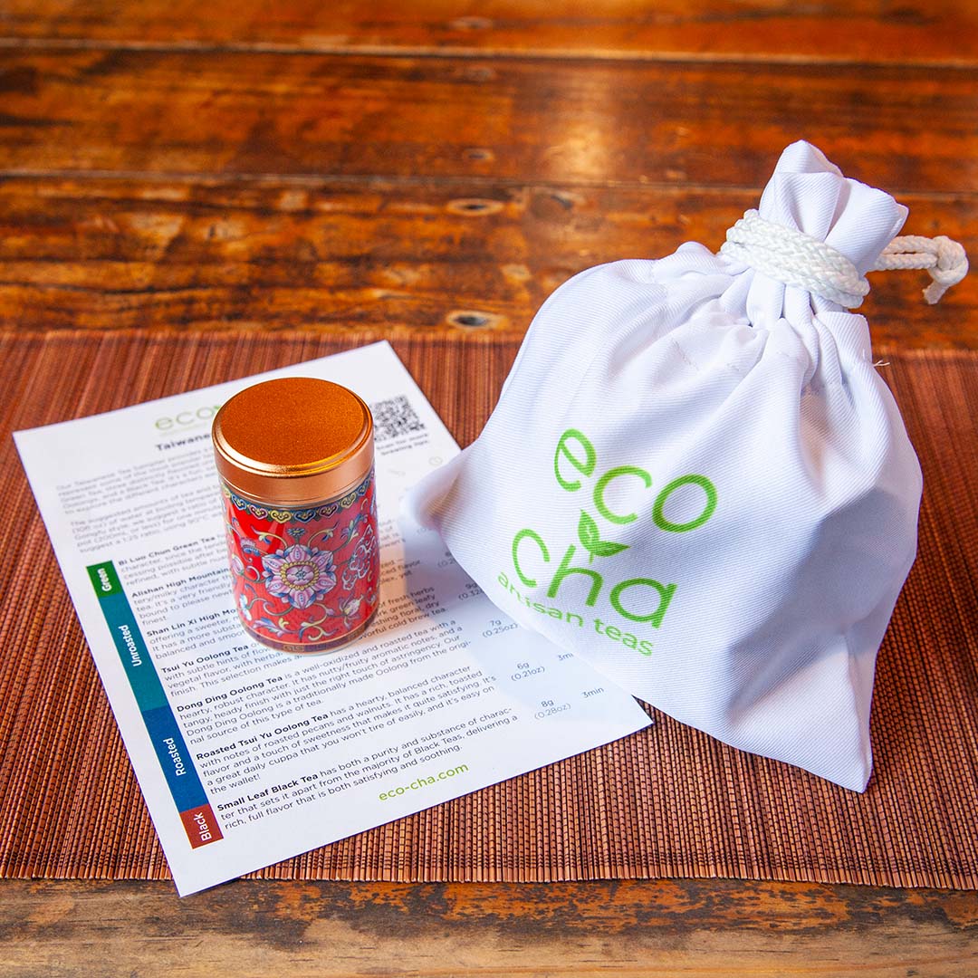 Eco-Cha Holiday Taiwanese Tea Sampler with Travel Satchel Gift Pack comes with  a description of each tea
