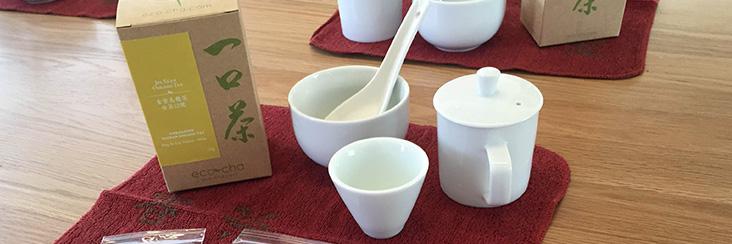 Eco-Cha tea being offered at a tea tasting class