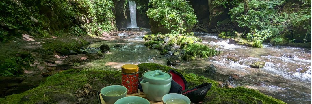 Drinking tea at a waterfall