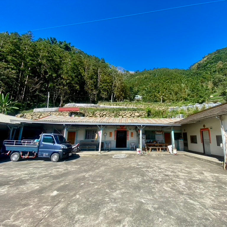Traditional Taiwanese house with a blue truck parked in front, surrounded by tea fields in the Alishan High Mountain Tea growing region in Taiwan.