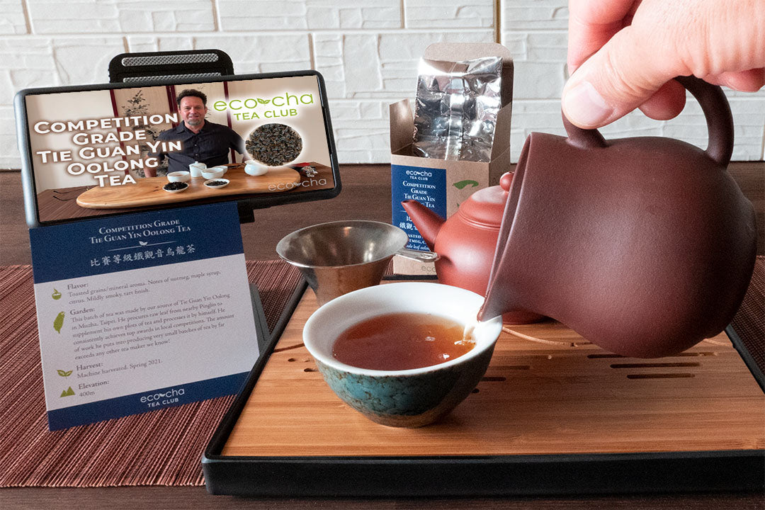 Pouring tea while watching an Eco-Cha Tea Club video on a phone.
