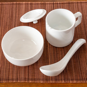 Eco-Cha Teas white ceramic Professional Tea Judging Set. Includes tea brewing vessel, sipping cup and tasting spoon.