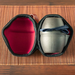 Travel tea set inside case open