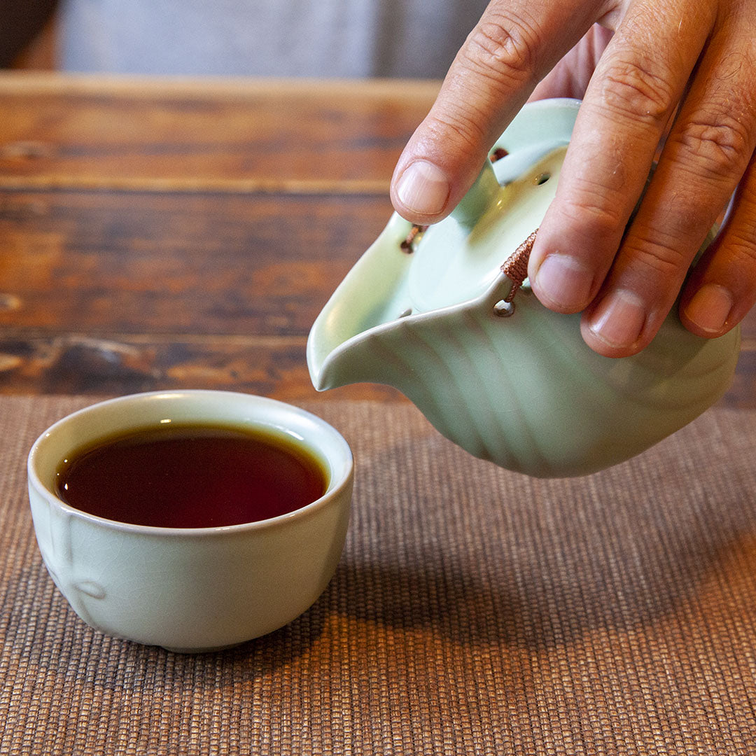 Eco-Cha Teas Celadon Tea Cup with tea and tea pot