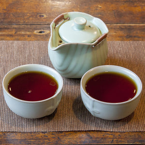Eco-Cha Teas Celadon Tea Cups and Art Deco Teapot