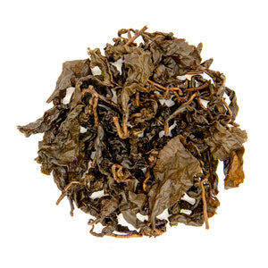 Charcoal Roasted High Mountain Oolong Tea, wet leaves top down view