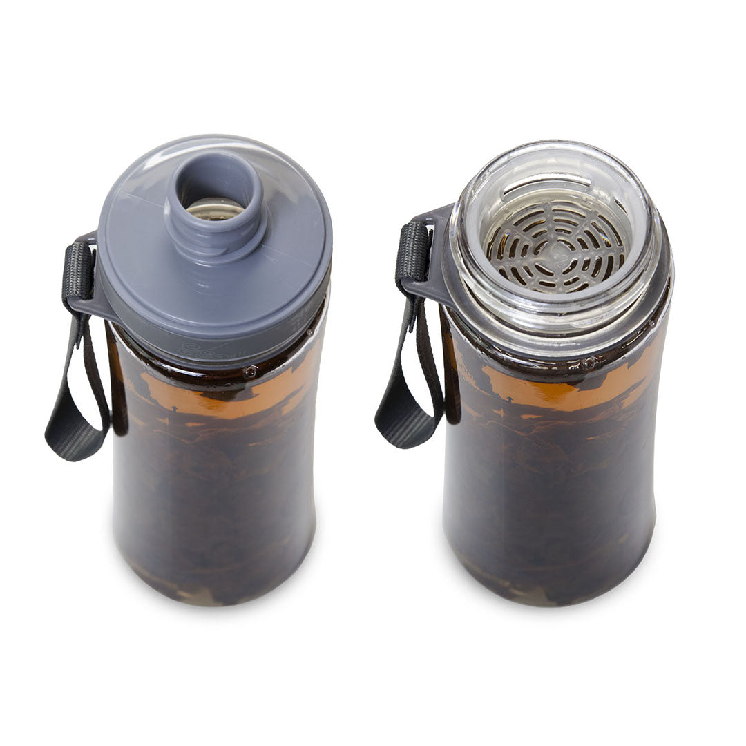 Cold brew tea bottle and showing mesh screen on top.