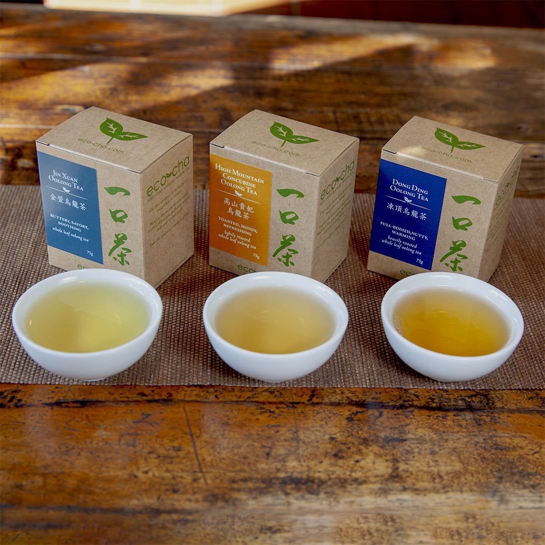 Intro to Taiwan Oolong 3 Pack Flight with brewed teas
