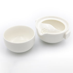 White porcelain single brew teapot and cup open